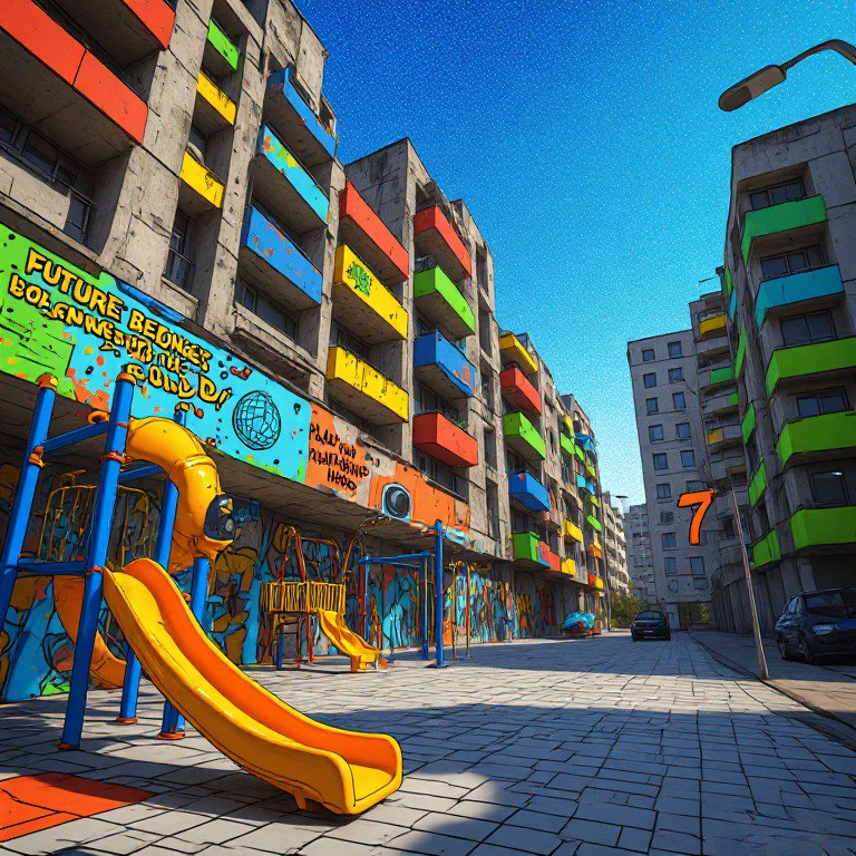 Colorful graffiti covered brutalist apartment courtyard with bright playground, rainbow balcony trim under blue sky