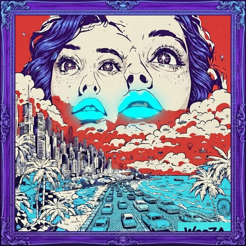 Surreal pop art of a giant starry-eyed woman looming over a retro coastal city, framed by an ornate decorative purple