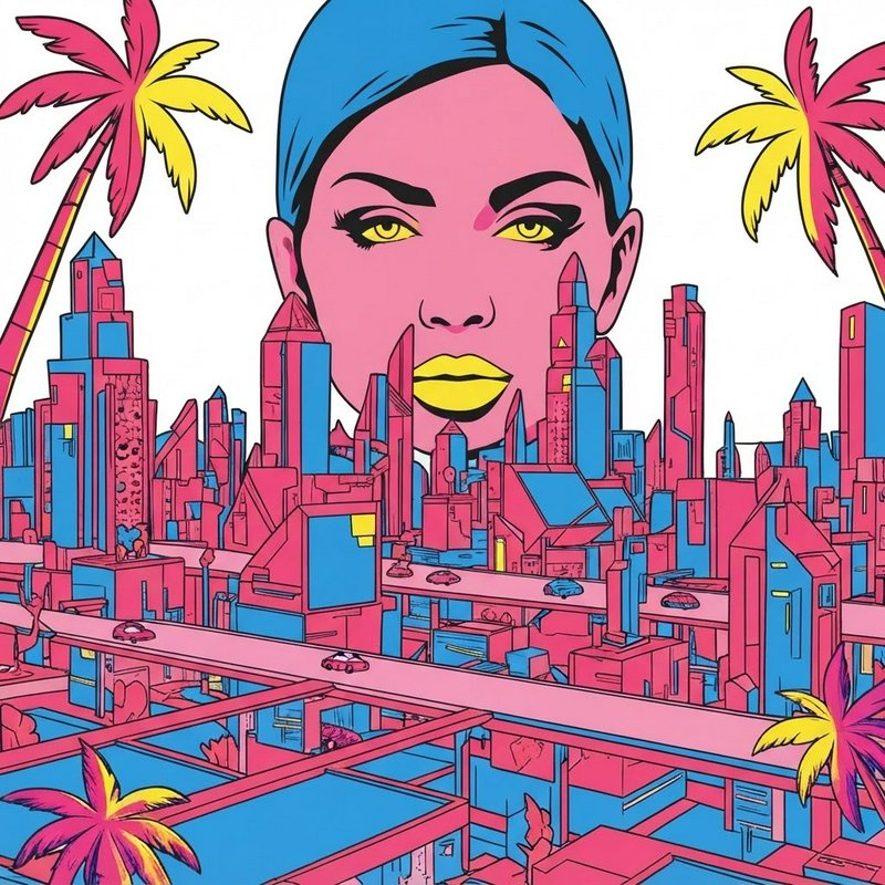 Surreal pop art illustration of a giant pink woman's face looming over a neon retro-futuristic city with colorful palm