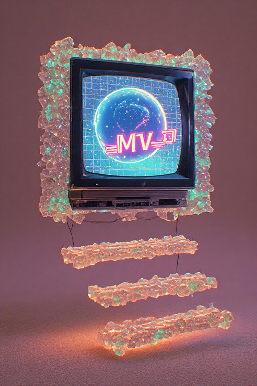 Surreal floating vintage CRT TV encased in glowing jagged crystal frame, screen displays neon MV synthwave logo