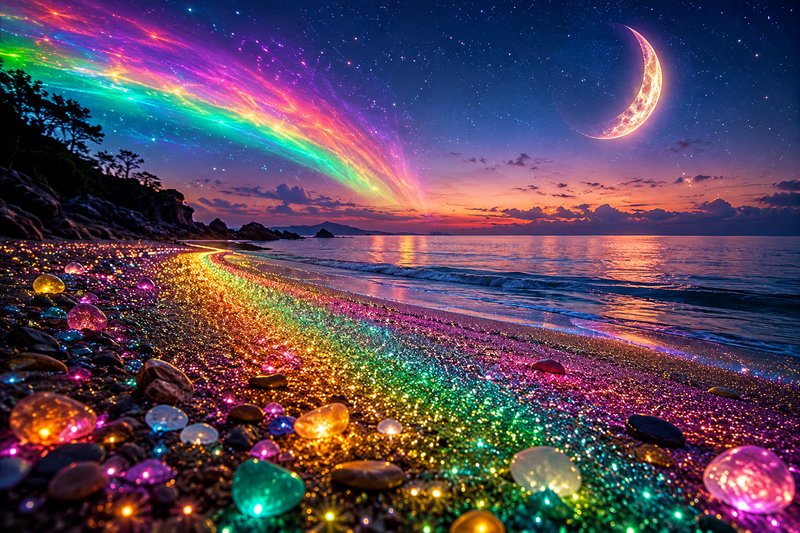 Surreal glowing twilight beach, with rainbow aurora, crescent moon, glittering sand and luminous crystal pebbles under