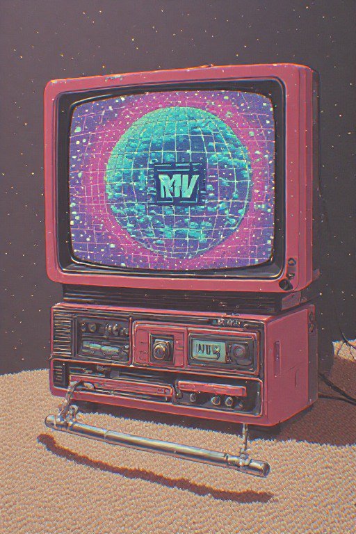Pink vintage CRT TV stacked on an 80s boombox, screen displays wireframe globe MTV graphic, retro vaporwave illustration