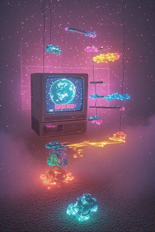 Surreal vaporwave scene of a vintage CRT TV surrounded by glowing floating crystalline clouds in a starry pink-purple