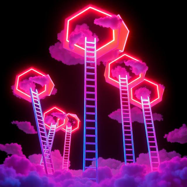 Surreal neon art of glowing ladders rising from purple clouds to floating pink hexagonal portals on a black background