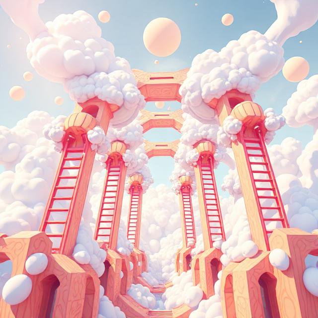 Symmetrical fantasy wooden ladder archway rising through fluffy clouds under a pastel peach and pale blue dream sky.