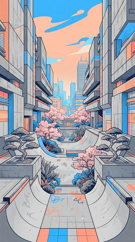 Stylized anime illustration of an urban skate park between city buildings, lined with cherry blossom trees at pastel sunset