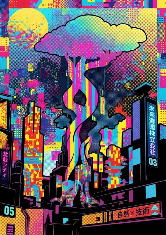 Psychedelic pop art illustration of a giant stylized tree rising above a neon cyberpunk Tokyo skyline