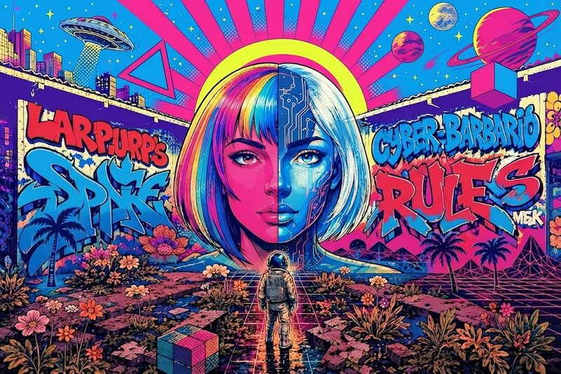 Vibrant neon pop art cyberpunk mural showing a split human-cyborg woman, small astronaut, graffiti, UFOs, and alien planets
