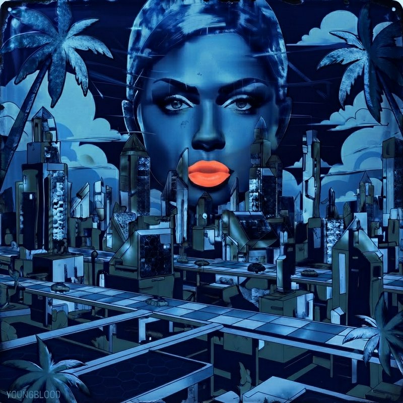 Surreal blue-toned futuristic cityscape with a giant floating woman's face, bright orange lips, and framing palm trees