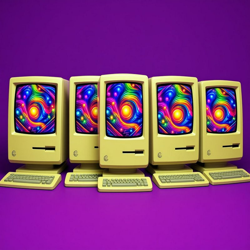 Row of vintage beige CRT desktop computers with swirling psychedelic rainbow screens against a bold solid purple background.