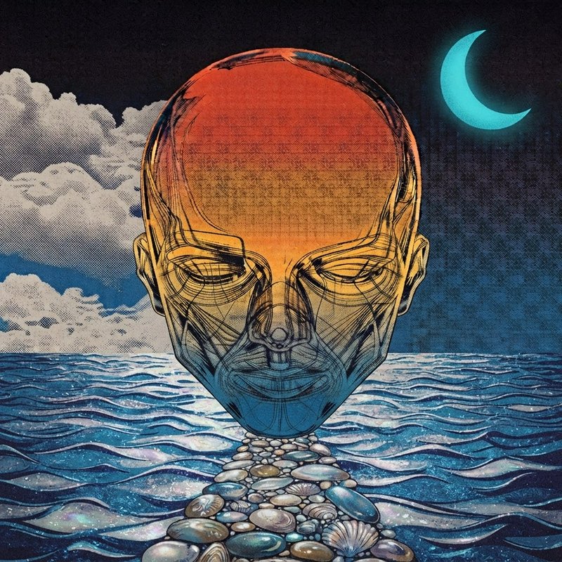 Surreal line art human head with warm-cool gradient rises from a pebble ocean path under a glowing crescent moon night sky