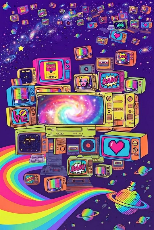 Psychedelic retro pop art of colorful vintage CRT TVs floating in cosmic outer space with rainbows and ringed planets