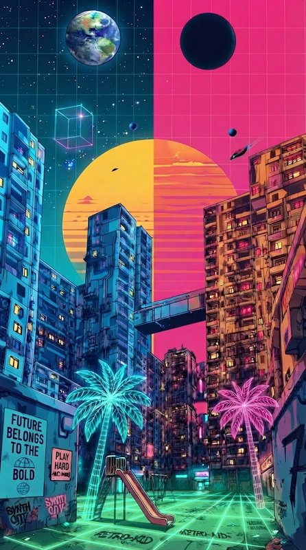 Vertically split synthwave cyberpunk cityscape with neon palm trees, grid sky, and dual celestial bodies above high rise