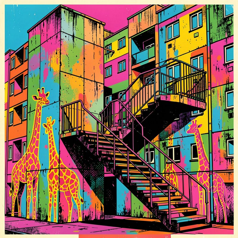 Vibrant pop art illustration of pink and yellow giraffes standing outside a brightly graffiti-painted apartment complex