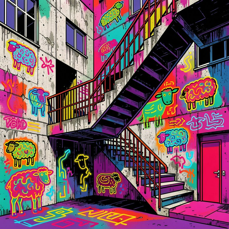 Bold pop art of a weathered concrete apartment stairwell covered in vibrant neon graffiti of cartoon sheep and abstract