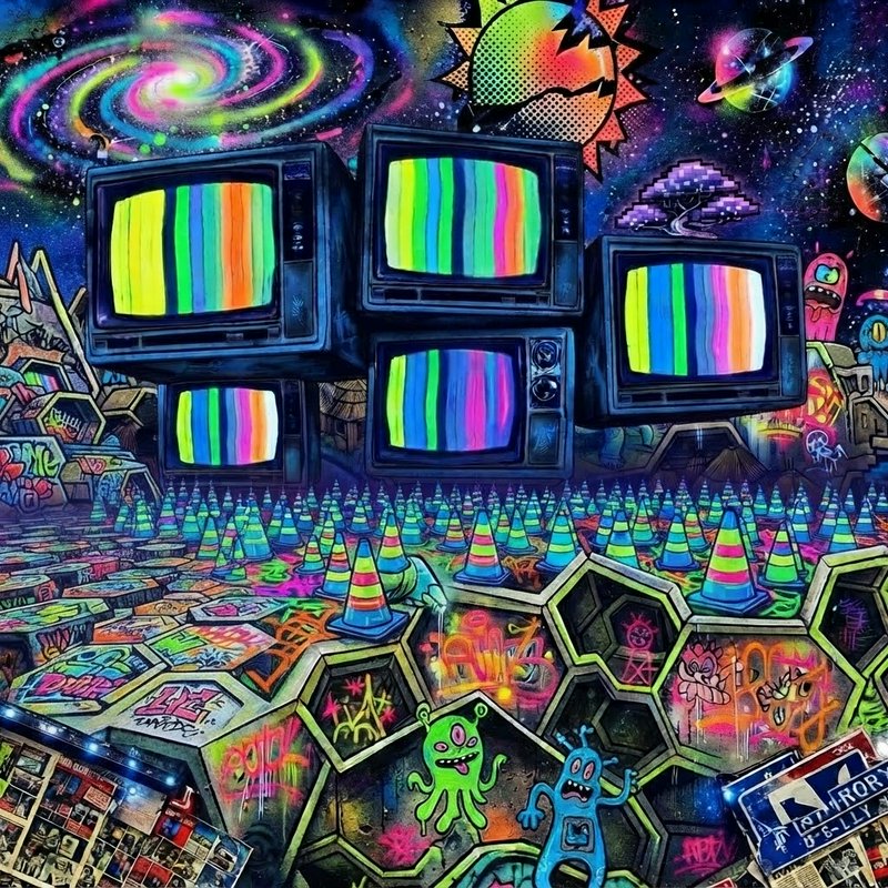 Surreal psychedelic illustration with floating vintage CRT TVs, neon traffic cones, cartoon aliens, and a vibrant