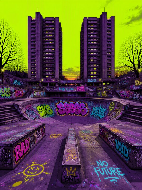 Surreal graffiti-covered concrete skate bowl flanked by brutalist high rises under a bright acid lime green dystopian sky