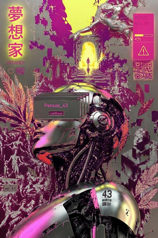 Glitch cyberpunk illustration of chrome android Person_43 with digital UI, set against a neon magenta and yellow