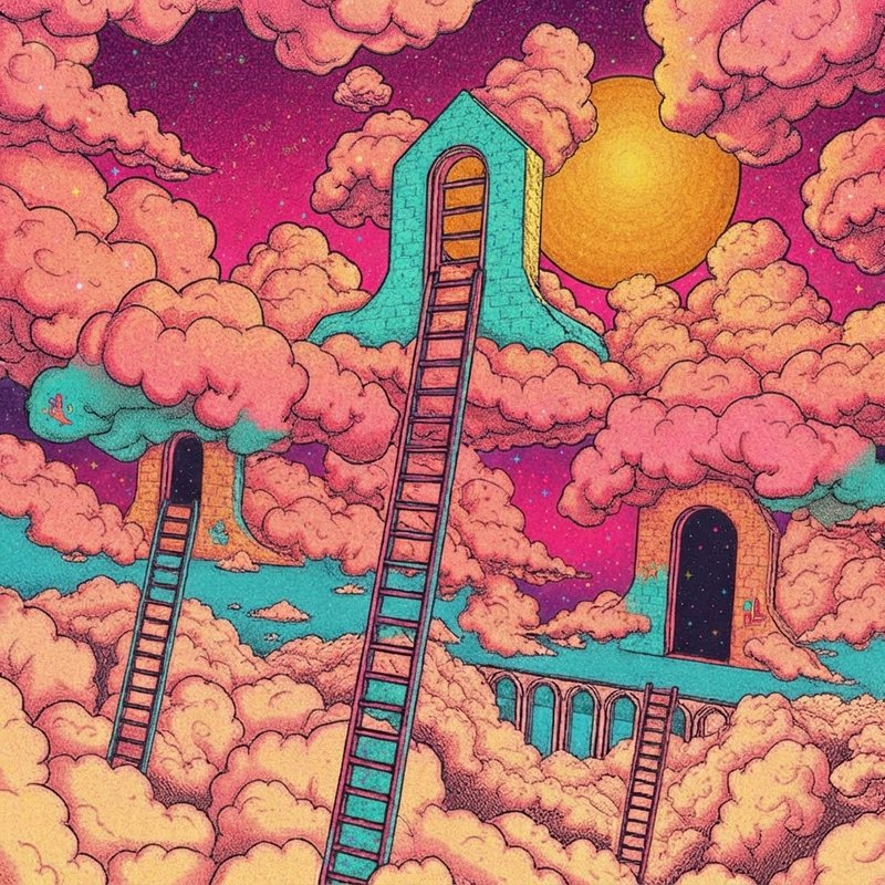 Surreal psychedelic illustration of ladders leading to floating arch towers amid fluffy pink clouds under a starry