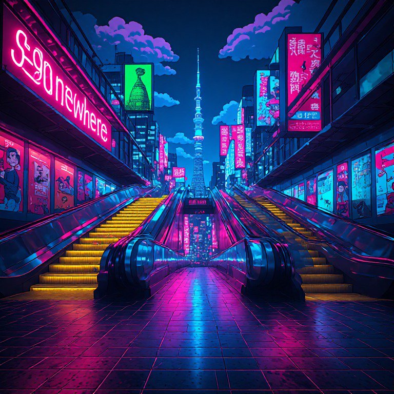 Cyberpunk anime transit station with glowing neon signs, escalators, and futuristic Tokyo skyline at dark night