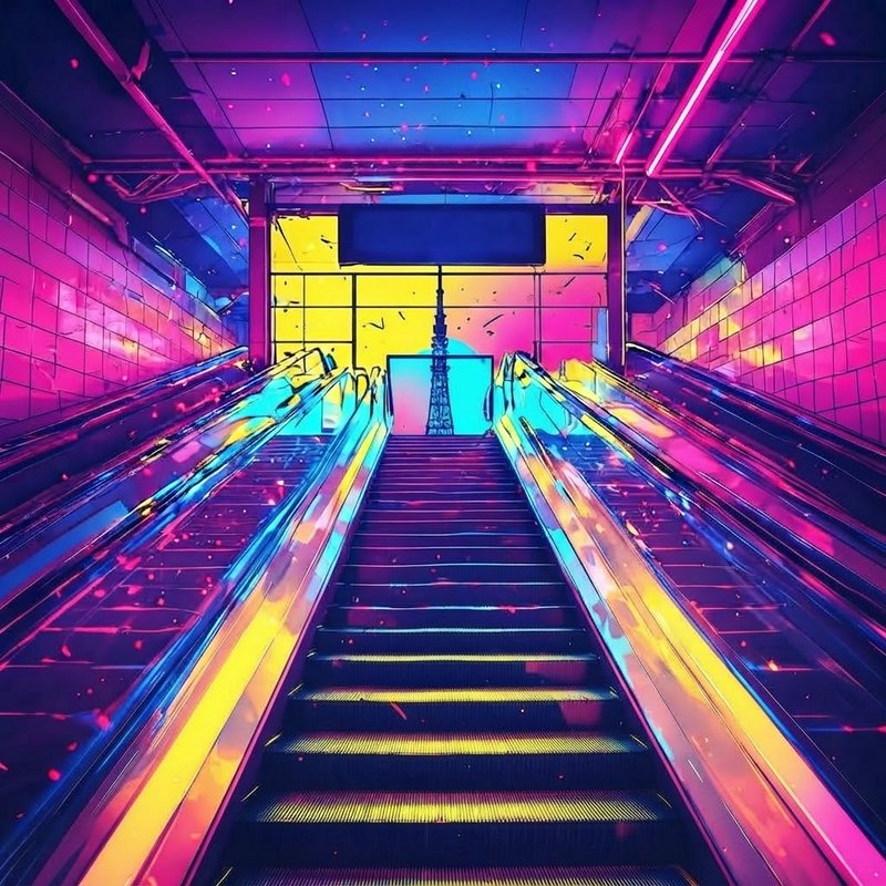 Vibrant cyberpunk illustration of a neon-lit subway escalator leading to a distant Eiffel Tower silhouette