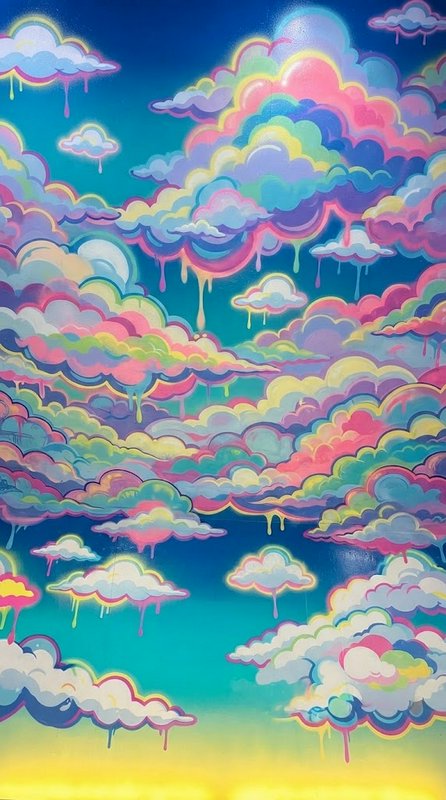 Vibrant spray paint mural of dripping layered pastel clouds against a gradient deep blue, teal, and golden yellow sky