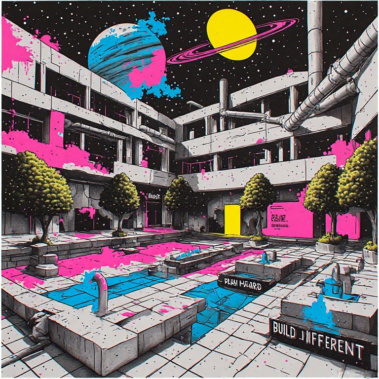 Surreal pop art of a brutalist apartment courtyard with glowing planets above a starry night sky