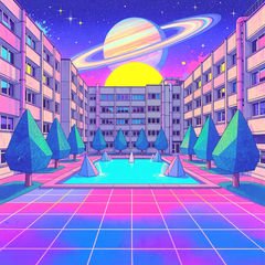 Vaporwave illustration of an apartment complex courtyard, with ringed Saturn, neon gradient sky, and central fountain pool.