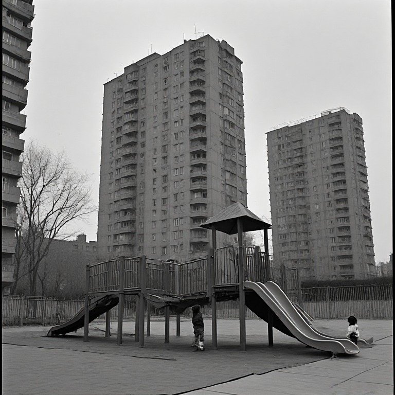 Black and white photo of a slide playground, set against tall Soviet-era apartment towers on an overcast day