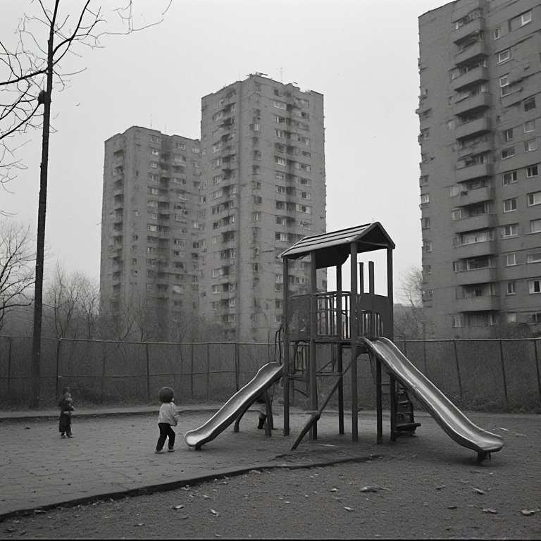 Black and white photo of small children at a playground, framed by tall brutalist Soviet apartment blocks under an