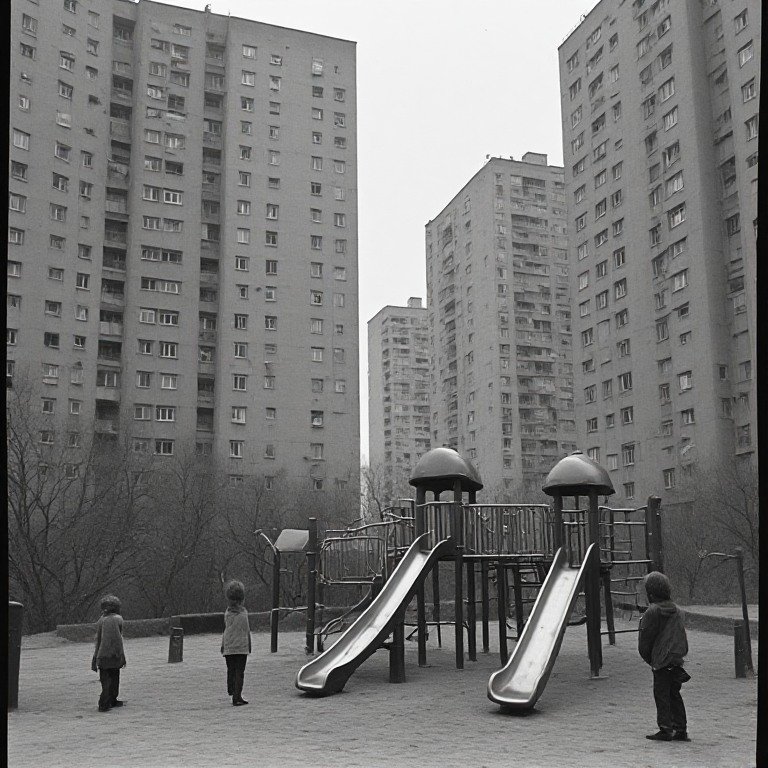 Black and white shot of children standing at a playground surrounded by tall Soviet-era concrete apartment towers.