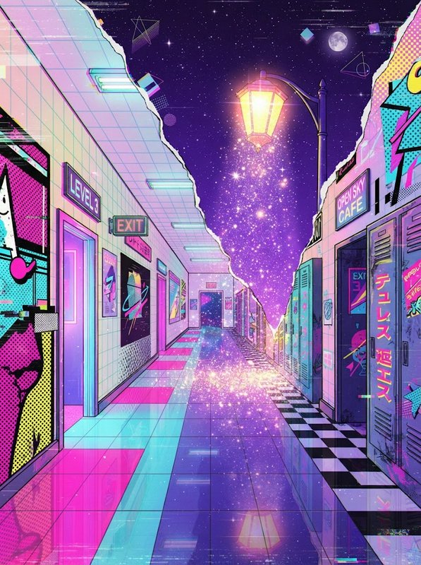 Surreal vaporwave liminal hallway torn open to reveal a glittering starry night sky, rendered in bright pastel neon colors