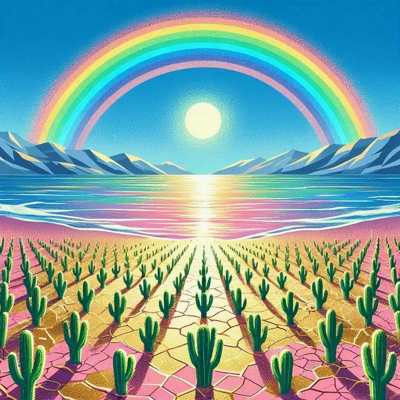 Surreal retro fantasy landscape with pastel rainbow, glowing sun, lake, and rows of saguaro cacti on pink desert shore
