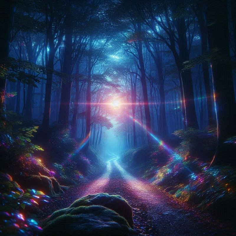 Winding glowing path cuts through misty enchanted forest, lit by bright radiant lens flare throug...