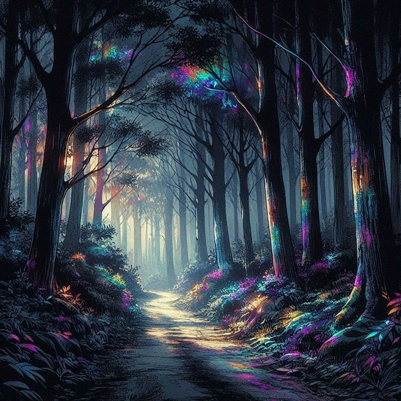 Winding path through a dark misty enchanted forest with iridescent rainbow glowing trees and unde...