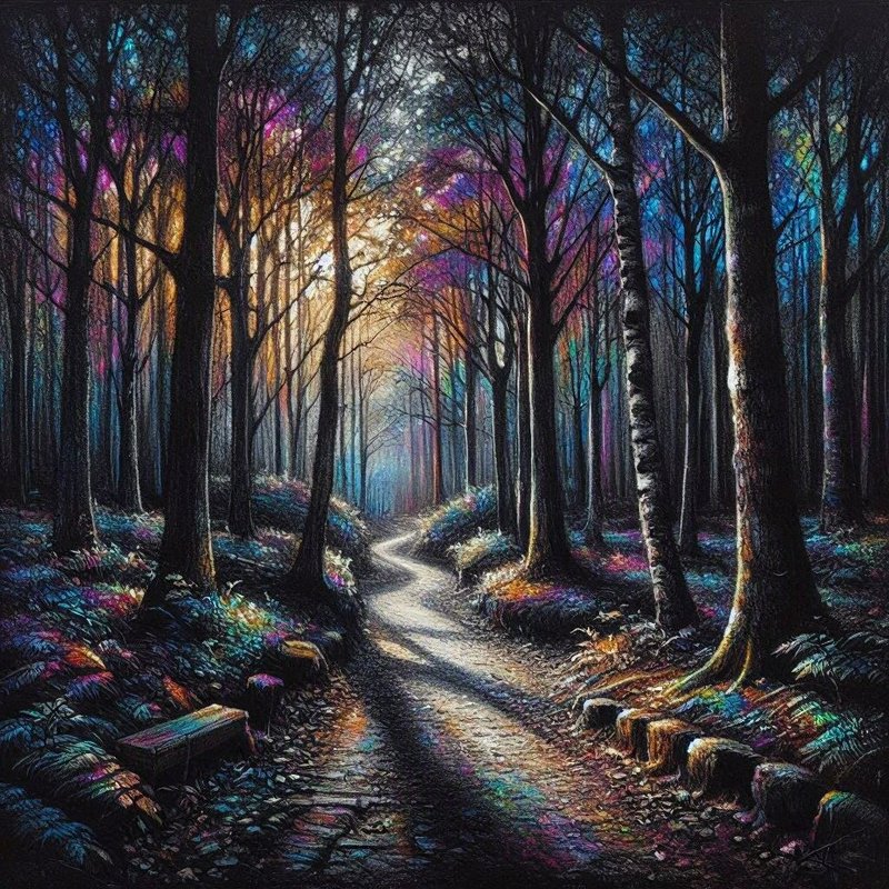 Vibrant impressionist painting of a winding dirt path through a glowing, multicolored enchanted f...