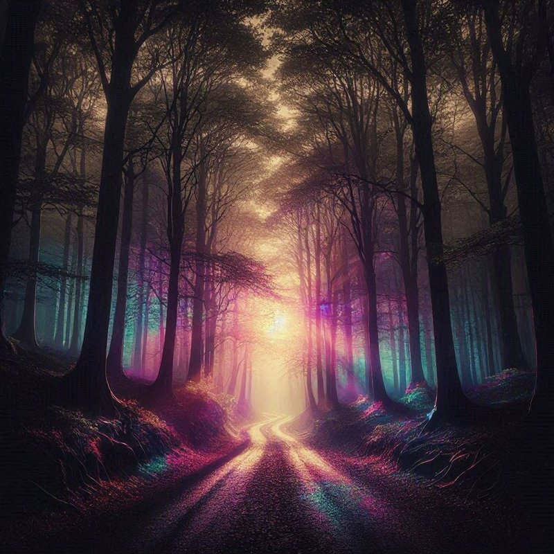 Winding forest path glows under iridescent pink and teal light filtering through silhouetted mist...