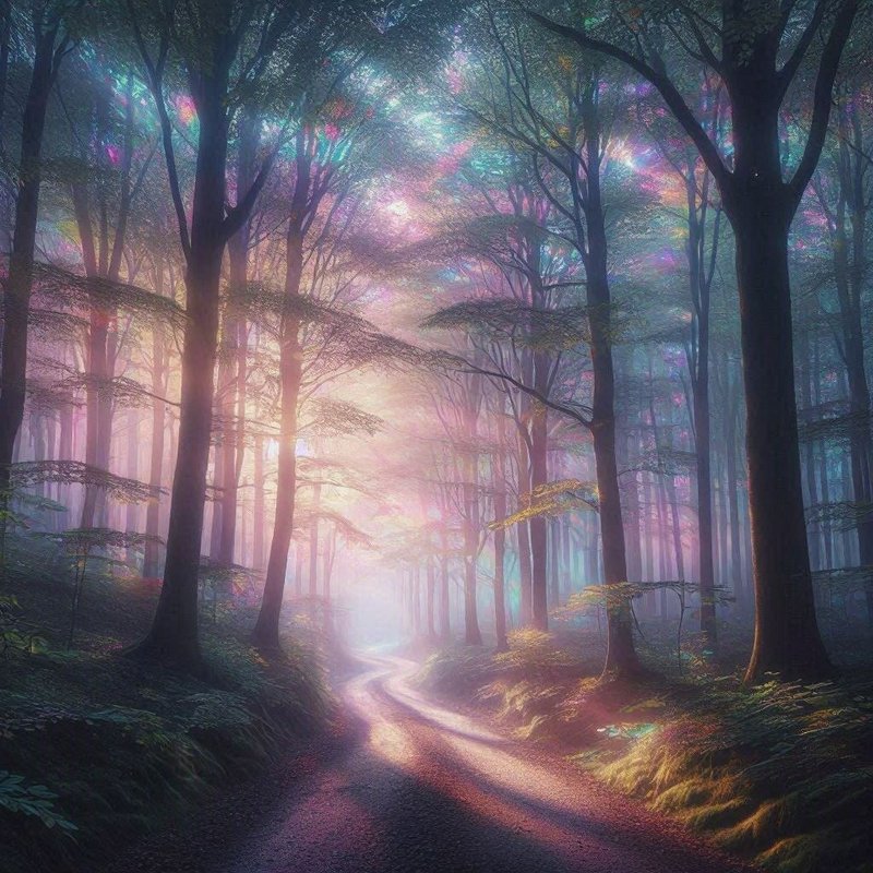 Misty enchanted forest with winding dirt path, glowing iridescent pastel light filtering through ...