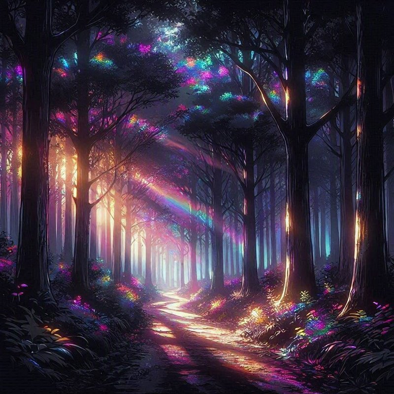 Iridescent glowing fantasy forest with rainbow light rays, a winding dirt path, and bioluminescen...