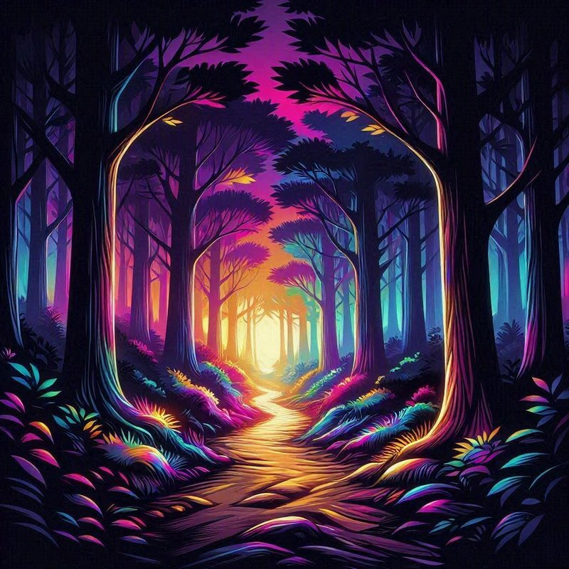 Psychedelic glowing enchanted forest path framed by silhouetted trees in bright neon rainbow grad...