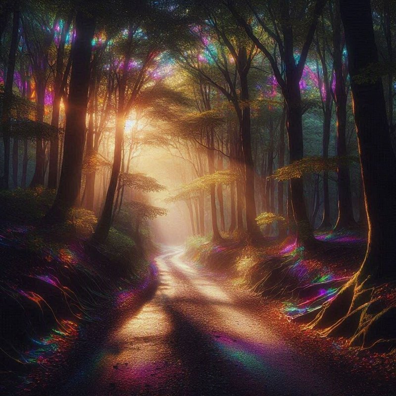 Enchanted winding forest path with golden sunbeams filtering through trees and iridescent glowing...