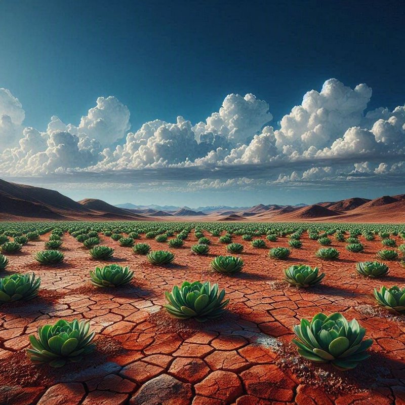 Neat rows of green rosette succulents cover cracked red desert earth, under a cloudy deep blue sk...