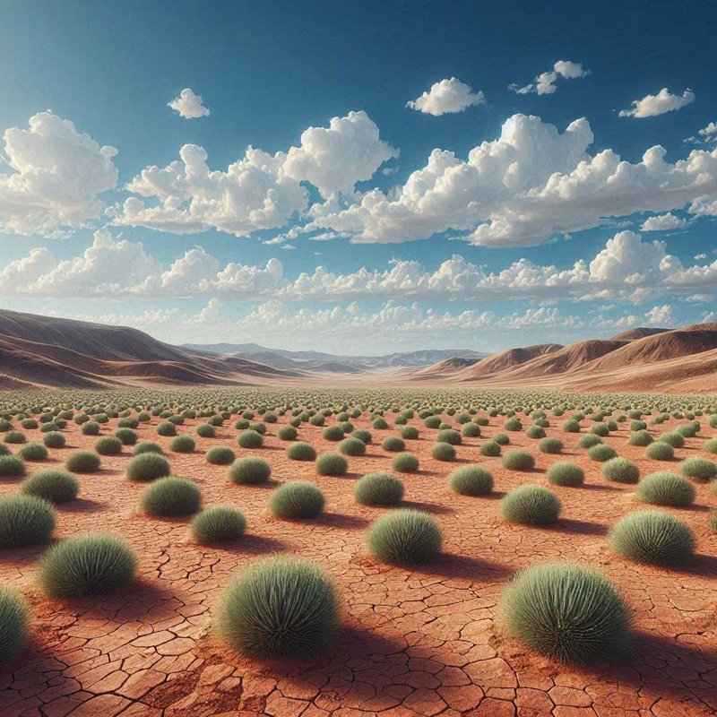 Surreal desert landscape of evenly spaced round green shrubs growing on cracked red desert earth ...
