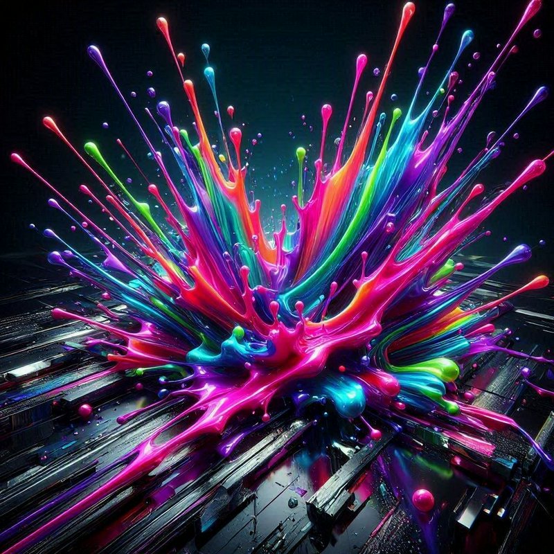 Glossy neon rainbow paint splash exploding upward from a dark reflective surface against a black ...