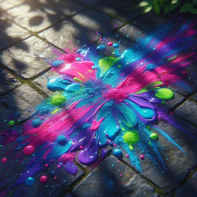 Glossy neon flower-shaped paint splatter spread across sunlit mossy stone patio pavers