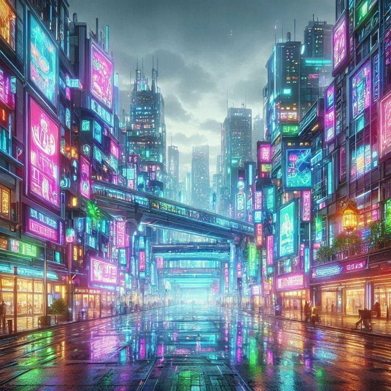 Futuristic cyberpunk city street lined with glowing neon billboards, wet reflective pavement, ele...