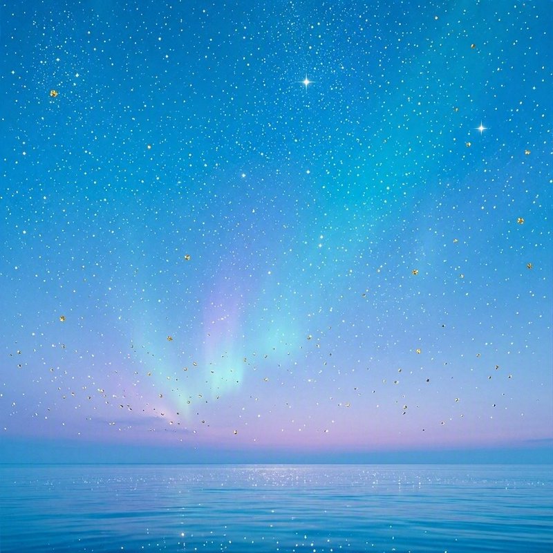 Surreal dreamscape of gradient aurora starry sky dotted with glittering sparkles, above a calm st...