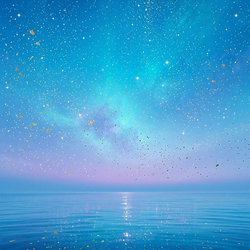 Ethereal gradient starry sky dotted with glitter flecks, reflected on a calm turquoise ocean surface