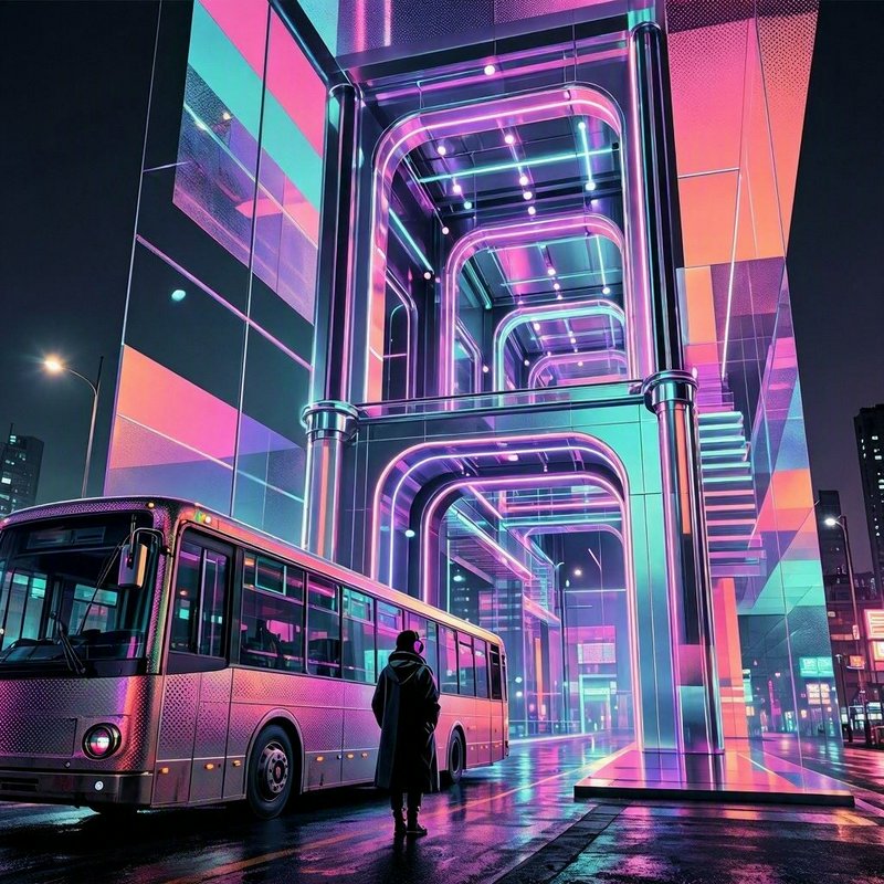 Hooded figure stands beside a bus outside a glowing neon futuristic transit station on a wet cybe...