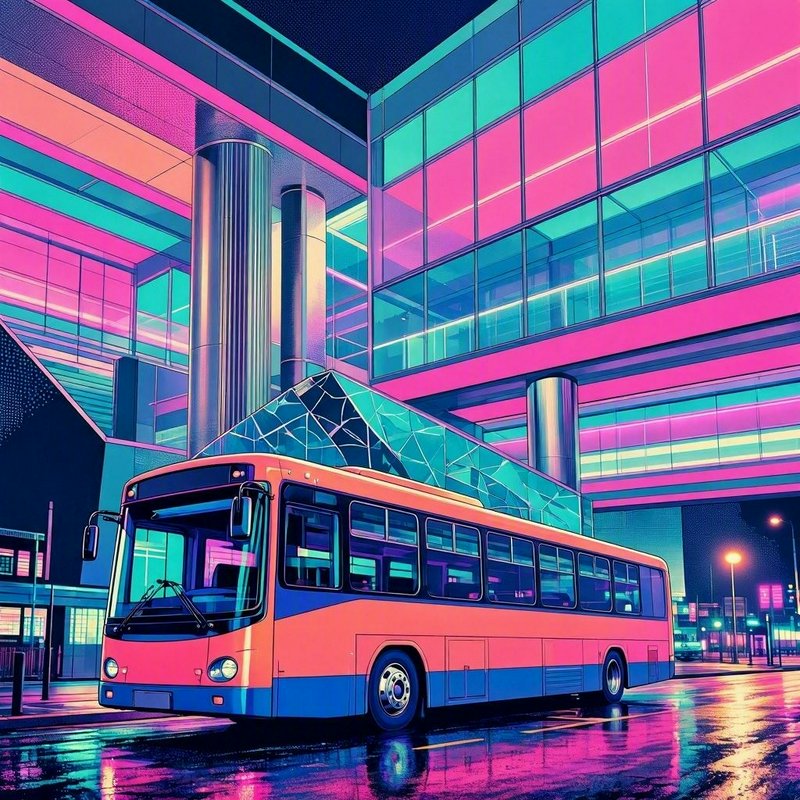 Vibrant synthwave illustration of an orange public transit bus parked on a wet neon-lit city stre...